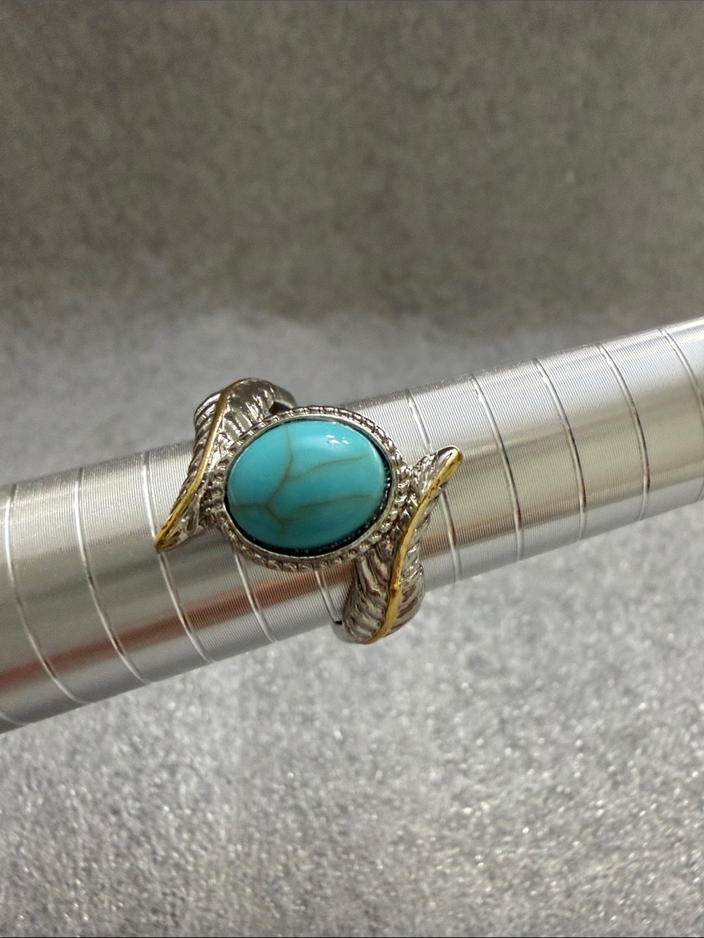 Source Unknown Turquoise Oval Ring with Two-Tone Leaf Accents